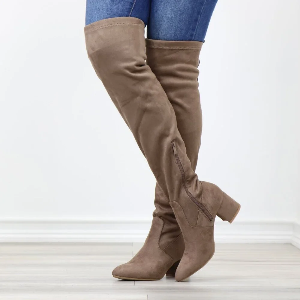 Taupe Over-the-Knee Boots Faux Suede Low Block Heel Tie Back